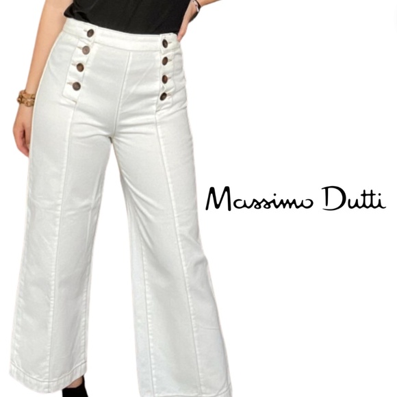 Massimo Dutti Denim - Massimo Dutti Nautical Flair High-Waisted Flare Jeans in White - Size 12